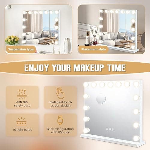 MKupView 22.8" x 18.2" Vanity Mirror with Lights White Makeup Mirror Hollywood Mirror with 15 Dimmable LED Bulbs 3 Color Modes 10X Magnification & USB Charging Port Mirror for Wall-Mounted thumbnail 6