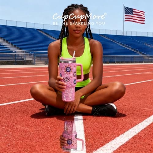 Cupcupmore 40 oz Pink Evil Eye Bling Rhinestone Stainless Steel Sippy Tumbler Glitter Vacuum Insulated Water Bottle with Straw & Lid &Handle,Sparkle Car Cup Holder,Keeps Cold 12 Hours Drinks,Coffee thumbnail 8