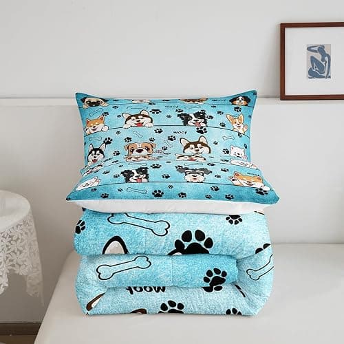 Manfei Cute Dog Comforter Set for Kids Room Decor Cartoon Puppy Pet Animals Bedding Comforter Twin Size Black Paw Print Blue Soft Polyester Quilt Set with 1 Pillowcase thumbnail 5