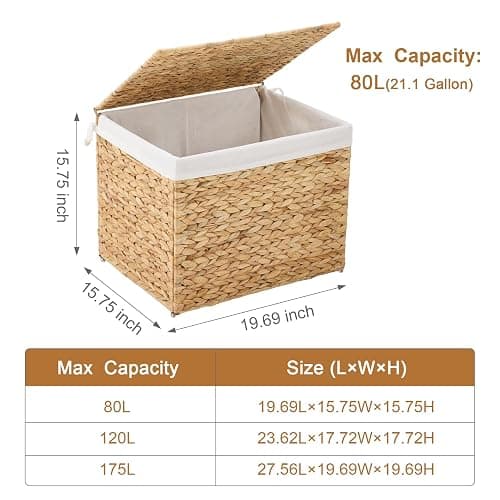 Water Hyacinth Storage Basket with Lid, 21.1 Gallon (80L) Wicker Shelf Basket with Removable Liner, Wicker Storage Basket for Blanket, for Livingroom, Bedroom, Natural thumbnail 3