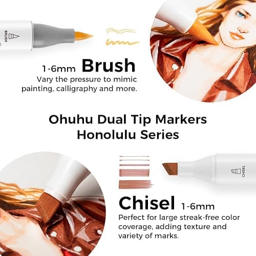 Ohuhu Alcohol Markers 24 Skin-tone Colors Brush Tip for Adults Portrait | AP Certified Refillable Art Marker, Brush& Chisel Dual Tips Alcohol-based for Artist Beginner Drawing Illustration, Honolulu thumbnail 2