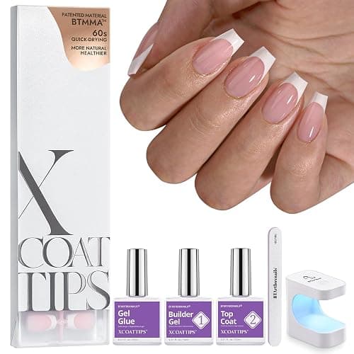 BTArtboxnails XCOATTIPS French Tip Press on Nails - Short Coffin Nail Tips with Nail Gel, French Protecing Duo, Nail Lamp, All in One Soft Gel Fake Nail Gel Extension Kit - Image 1