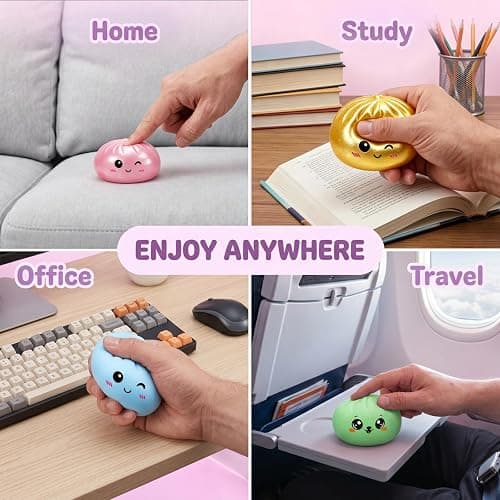 Dumpling Squishy Mystery Box,Dumplings Style Stress Balls for Adults and Kids, Cute Steamer Basket Design with Squeezable Ball Stress Relief Fidget Toys (4 PCS) thumbnail 9
