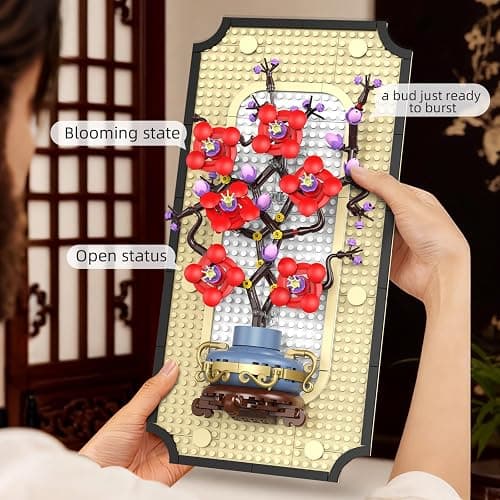BRICXOR 3D Wall Art Plum Blossom Building Blocks Set for Adults - Floral Wall Hanging Art with Stand, DIY Artificial Flower Decor Kit for Home Office, Elegant Gift for Adults, 529-Piece thumbnail 3