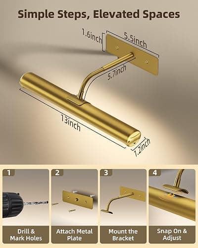 EZVALO Picture Light for Wall, 13in Wireless Rechargeable 4000mAh LED Art Light with Remote, Dimmable 3 Color Temps, Battery Operated Wall Light for Living Room, Bedroom, Gallery (Gold, 2 Pack Set) thumbnail 8