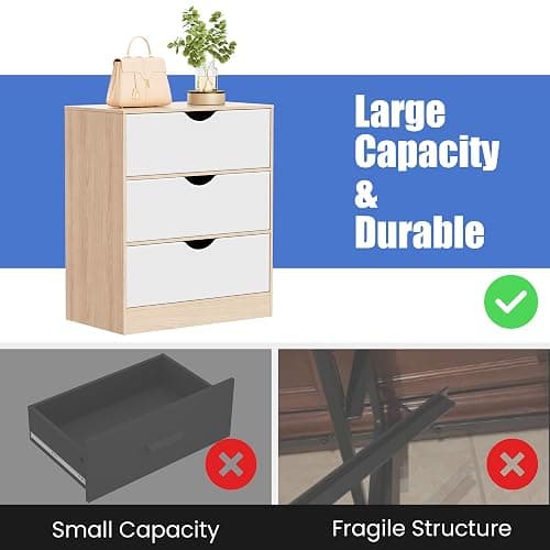 Housoul 3 Drawers Dresser for Bedroom, Fabric PU Drawer with Wood Frame, Large Organizer, Small Dresser with Drawer, Chest of Drawers for Closet, Living Room,Hallway,Oak and White thumbnail 7