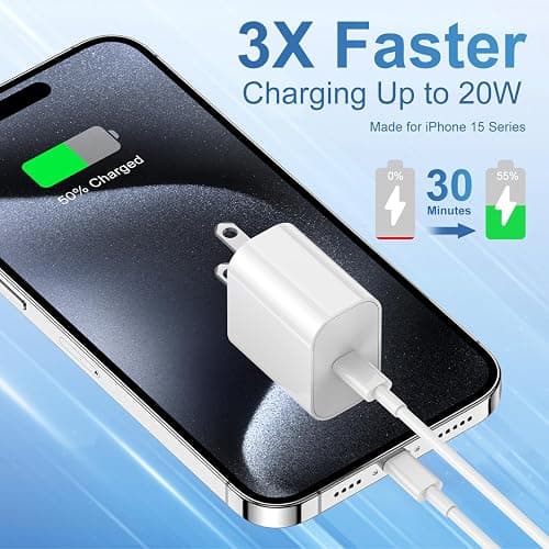 iPhone 17 16 15 Fast Charger and 10ft Type C to C Cable Cord Long, 20W USB C Charging Block Plug for Apple iPhone 17 Pro Max/17 Air/16 Pro/16 Plus/15 Pro/15 Mini/iPad Power Adapter Cube Brick/AirPods thumbnail 2