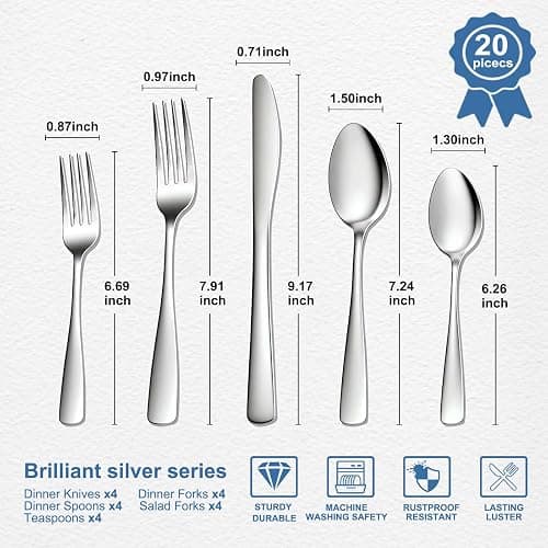 BEWOS 20 Piece Silverware Set - Stainless Steel Silverware Sets for 4 Include Spoon, Forks, Knives, Mirror Polished Flatware Set for Home, Kitchen, Restaurant, Dishwasher Safe thumbnail 2