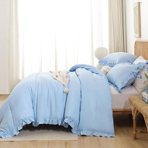 JANZAA Ruffle Light Blue Comforter Set Queen Size Comforter 3PCS 1 Emerald Comforter and 2 Pillowcases Vintage Farmhouse Shabby Chic Bedding Soft Fluffy Comforter Set All Season (Light Blue, Queen) thumbnail 7