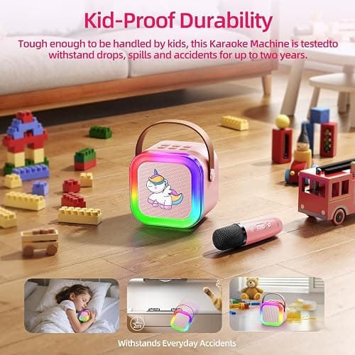 Kinglucky Mini Karaoke Machine for Kids, Top Birthday Gift Pick for Girls Ages 3, 4, 5, 6, 7, 8, 9, 10, 11, 12 Years Old, Kids' Personal Video Players Accessories with 2 Mics Singing Present Toy, Pink thumbnail 9