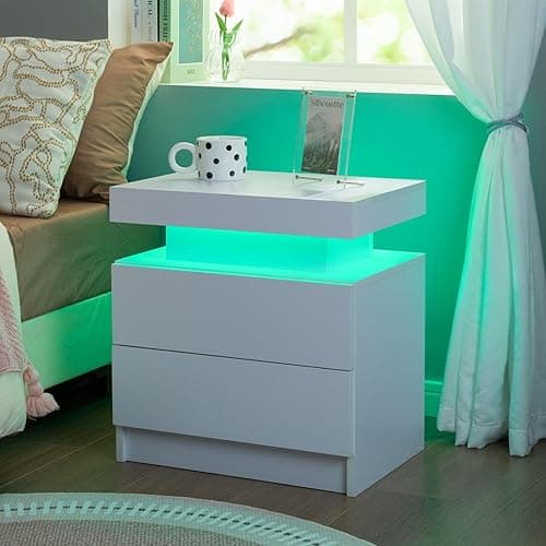 i-aplus Nightstand Set of 2 LED Nightstand with 2 Drawers,Night Stand Set 2 with LED Light,Bedside Table with Drawers for Bedroom,White - White thumbnail 4