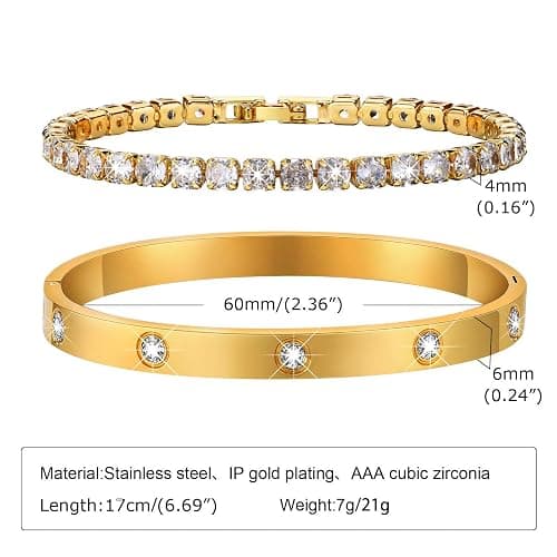 Women Tennis Bracelet Set - Stainless Steel Gold Plated Bangle, Dainty Cubic Zirconia Classic Tennis Cuff Bracelets, Jewelry Set Gift for Mother Best Friends Sister Daughter Girlfriend thumbnail 5