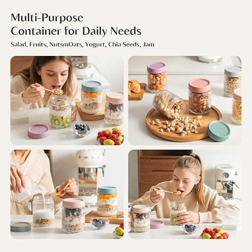 INSETLAN 16oz Glass Overnight Oats Containers with Lids, 6-Pack Mason Jars | Ribbed Glass Mason Jars for Meal Prep, Food Storage Containers for Chia Pudding, Yogurt, Snacks, Fruit & Vegetables, Milk thumbnail 7