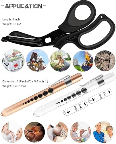 MEUUT 3 Pack Medical Scissors and Penlights for Nurses Medical Supplies with Two Medical Pen lights Four Batteries, One 8 inches Ergonomical Bandage Scissors Trauma Shears for First Aid EMT thumbnail 6