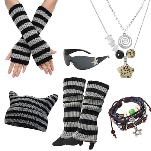 6PCS Therian Stuff,Y2k Jewelry Set with Grunge Necklace,Fingerless Gloves,Knitted Emo Beanie, Bracelet,Glasses,Leg Warmers thumbnail 6