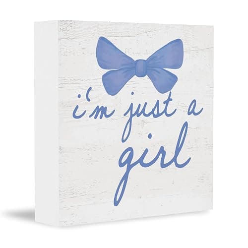CUANFDDSF Trendy Blue Bow Coquette Room Decor Wooden Box Sign, Coquette Party Decor, Girls Room i’m Just a Girl Girly Bowknot Signs for Home Dorm Wall Desk Shelf Tabletop Decoration 5X5In - Image 1