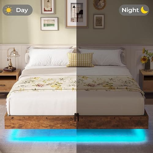 BTHFST Floating Bed Frame Queen Size with LED Lights, Industrial Wooden Metal Queen Platform Bed, Solid and Stable, Noise Free, No Box Spring Needed, Easy Assembly thumbnail 7