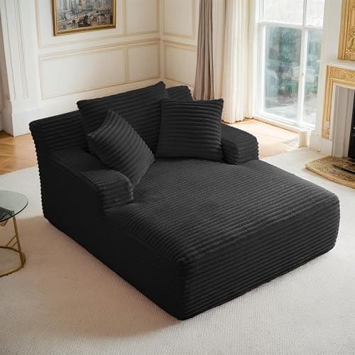 Keainvren Oversized Chaise Lounge Chair Indoor Corduroy Sofa Bed with Throw Pillows Recliner Chair Comfy Large Deep Seat Sofa Couch for Living Room, Bedroom, Apartment (Black) - Image 1