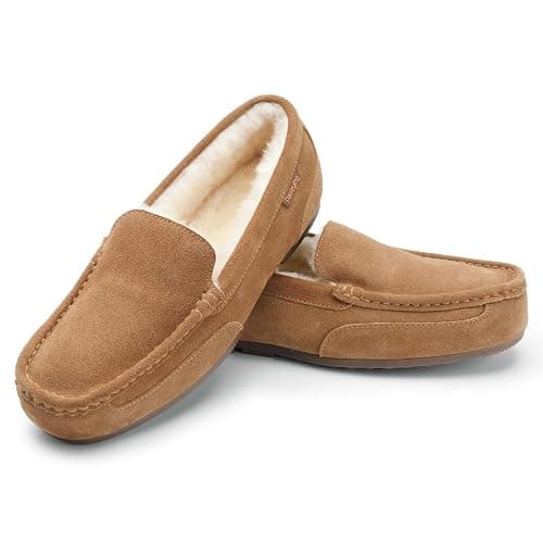 Parfeying Men's Indoor Outdoor Sheepskin Moccasins Slippers Memory Foam Driving Style Shoes - Image 1