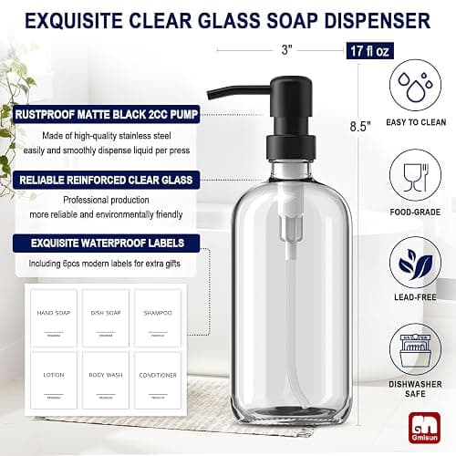 GMISUN Glass Soap Dispenser with Pump, 2 Pack Clear Bathroom Hand Soap Dispenser with Stainless Steel Pump, 16 Oz Refillable Kitchen Hand and Dish Soap Dispensers Set, Modern Liquid Pump Bottles thumbnail 4