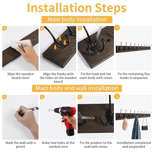 IBosins Wall Mounted Coat Rack with 10 Decorative Hooks, 34'' Long, Old Wood Color Coat Hanger, Rustic Coat Hooks Rail for Entryway Living Room Coat Scarf Bag Towel Hat thumbnail 7