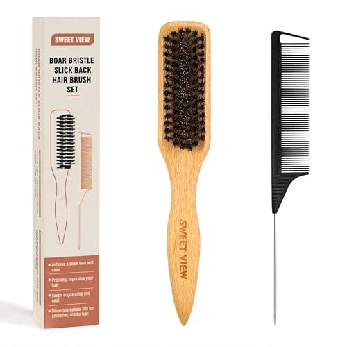SWEET VIEW Boar Bristle Slick Back Hair Brush for Smooth Flyaways, Frizz, Sleek Ponytail, Buns and Edge Baby Hair, Teasing | Gel Comb Styling Accessories for Girls, Kids and Women - Image 1