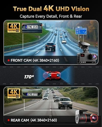 TERUNSOUl 4K+4K Dash Cam Front and Rear, Free 128GB Card Included, 5.8GHz WiFi Dash Camera for Cars, Built-in GPS, G-Sensor, 170°Wide Angle, 3" IPS Screen, 24H Parking Mode, Support 512GB Max thumbnail 2