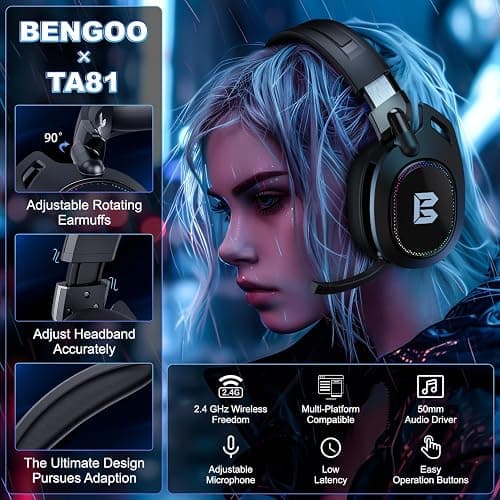 BENGOO Wireless Gaming Headset for PS5 PS4 PC Mac Nintendo Switch, Bluetooth Over-Ear Headphones with Noise Isolating Microphone, Low Latency, RGB, 50H Battery, Wired Mode for Xbox Series - Black - Black thumbnail 3