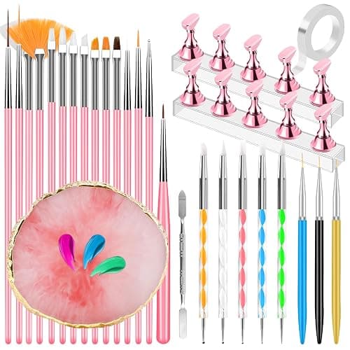 YOOVR Nail Art Design Tools, Nail Stand Holder for Painting Nails, Nail Art Brushes, Nail Dotting Sculpting Gel Tool, French Tip Tool Liner Brushes, Nail Art Palette Spatula, Nail Stuff for Nail Techs - Image 1