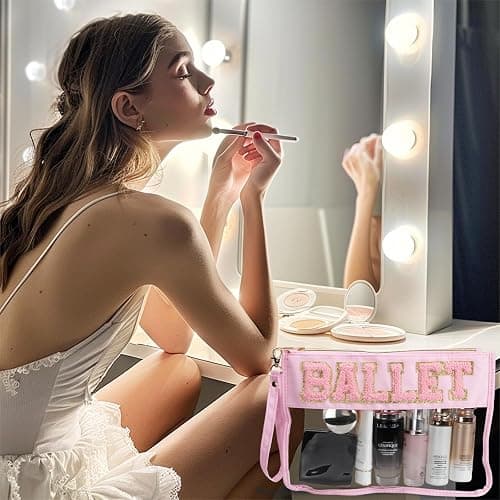 BuyCard 2 Pcs Ballet Gifts Cosmetic Makeup Bag with Chenille Letter Patch, Clear Pouch PVC Organizer Purse, Waterproof Travel Bag, Portable Toiletry Storage Bag for Her Girls Friends Women thumbnail 2
