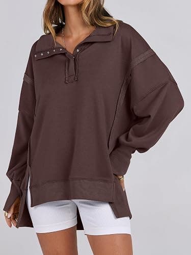 ANRABESS Women's Sweatshirts Oversized Casual Loose Button Up Henley Pullover Top High Low Split 2025 Fall Fashion Outfits thumbnail 2