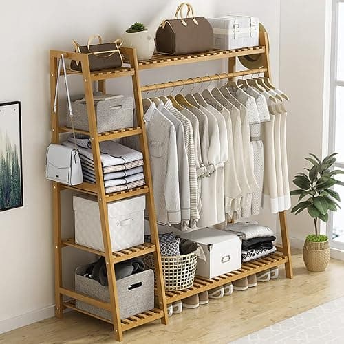 Clothing Rack Coat Clothes Hanging Heavy Duty Garment Rack with top Shelf and Shoes Clothing Storage Organizer Shelves (Upgrade Style) thumbnail 2