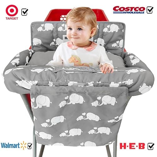 Soft Pillow Attached 2-in-1 Shopping Cart and High Chair Cover for Baby, Cotton Padded Cart Cover, Fold'n Roll Style, Portable with Carry Bag (Gray Elephant) thumbnail 3