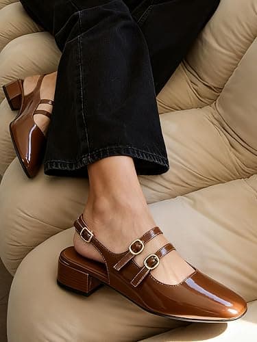 Mostrin Mary Jane Shoes Women Slingback Chunky Low Heels for Women Closed Rounded Toe Ankle Strap Pumps Daily Wedding Party Dress Shoes thumbnail 2