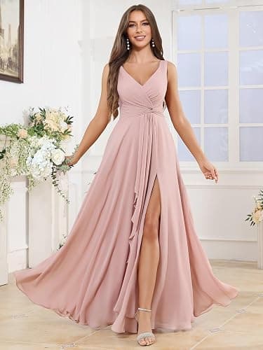 BOLENSYE Women's V Neck Bridesmaid Dresses with Pockets A Line Ruffles Ruched Long Slit Chiffon Evening Party Gown - Navy Blue - 16 thumbnail 5