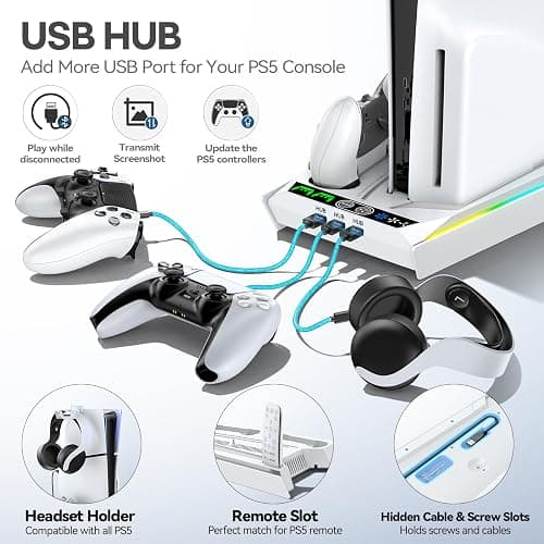 Rysker PS5/Slim/Pro Cooling Station with Quiet Cooling Fan and Fast Controller Charger for Disc & Digital Console, PS5 Accessories Incl. 3 USB Ports, Screw and Headset thumbnail 6
