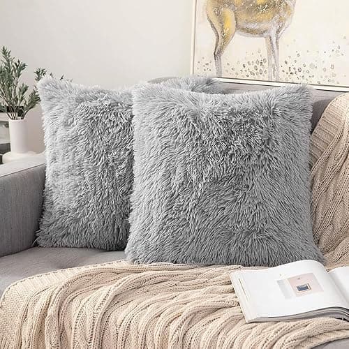 ANRODUO Pack of 2 Grey Throw Pillow Covers Luxury Fluffy Pillows Faux Fur Decorative Pillows Plush Cushion Case Fuzzy Mongolian Merin Style for Bed Couch Sofa and Living Room Home Decor 18x18 Inch - 18" x 18" (Pack of 2) - Grey - Image 1