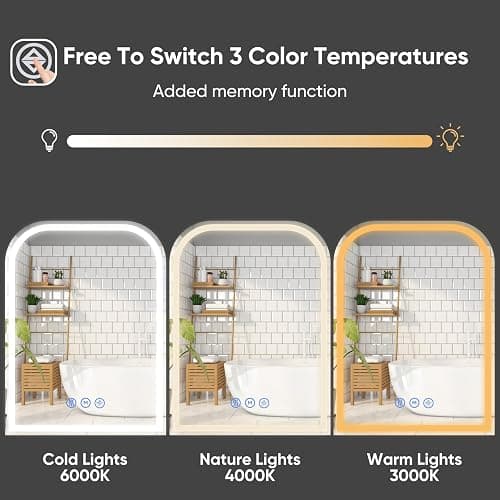 Antok LED Bathroom Mirror, LED Mirror with Lights for Bathroom, Lighted Vanity Mirrors for Wall, Anti-Fog, Dimmable, Tempered Glass, Memory Function, 3 Colors, Safe Use, 32" L x 24" W, White thumbnail 6