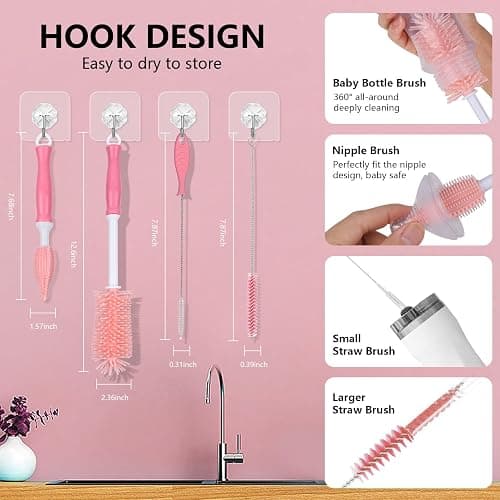 GUARDIX Portable Bottle Brush Set - Baby Bottle Cleaner Kit with Silicone Brush, Nipple Brush, Straw Brush, Bottle Cleaning Long Handle Water Bottle CleanerTool thumbnail 5