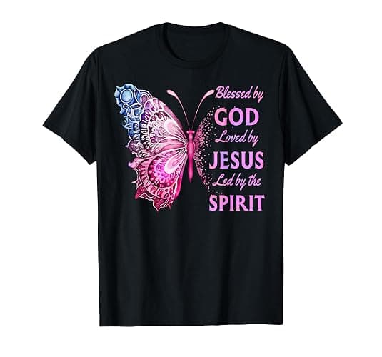 Blessed by God Loved by Jesus Pink Butterfly Christian T-Shirt - Image 1