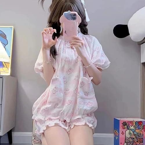 Wayolyn Y2K Jojifuku Cutecore Short Sleeve Shirt Shorts Sets Kawaii Bow Graphic Rabbit Pajamas Set Cute Pjs Summer thumbnail 2