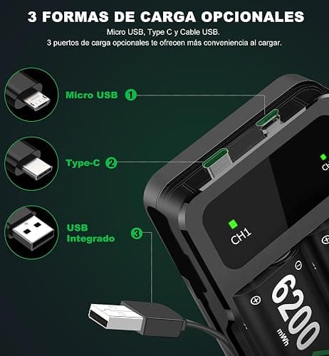 HELLCOOL Bateria para Mando Xbox, 2x6200mWh Pilas Recargables con Cargador Pilas/Cable Carga/Display LED, Compatible Xbox Series X|S/Xbox OneX|S|Elite Controller - 25 Horas de Juego thumbnail 5