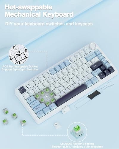 AULA F75 75% Wireless Mechanical Keyboard, Hot Swappable Creamy Keyboard, Pre-lubed Reaper Switches, 2.4GHz/Type-C/BT5.0, RGB Backlit Gaming Keyboards(White & Blue) thumbnail 5