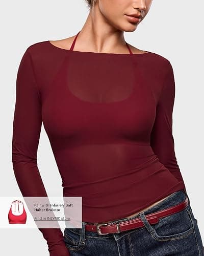 INLYRIC Women's Cosnufy Mesh Sheer Long Sleeve Tops See Through Boat Neck Going Out Tops Trendy Sexy Shirts thumbnail 3