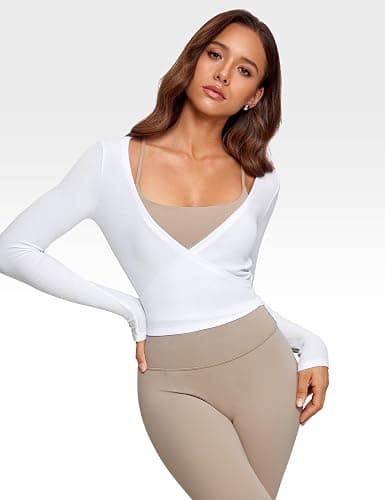 INGIA Womens V-Neck Long Sleeve Cross Wrap Top Slim Fit Soft Knit Layering Shirt Casual Yoga Gym Bandage Tie Tops thumbnail 4