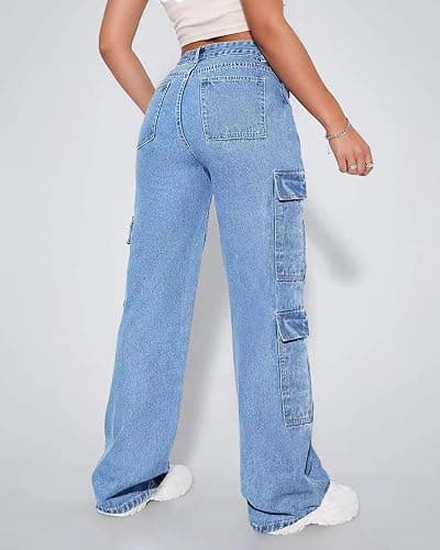 Flvsun Women's High Waist Baggy Cargo Jeans Flap Pocket Y2K Streetwear Wide Leg Denim Pants thumbnail 5