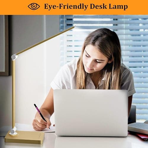 LED Desk Lamp with USB Ports,Touch Desk Lamps for Home Office with 5 Color Modes,3 Brightness Desk Light with Small Night Light,Reading Lamp Table Lamp for Bedroom Bedside Study Gold （with Adapter） thumbnail 5