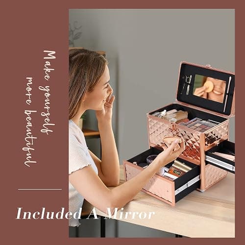 Makeup Train Case Professional Makeup Organizer Case with Drawer Mirror Extra Large Makeup Manicure Accessory with Dividers Travel Cosmetic Case for Cosmetologist Nail Tech Kits Makeup Case Rose Gold thumbnail 8