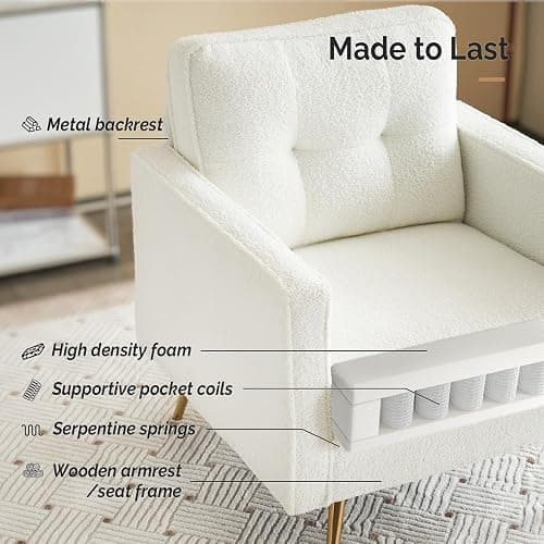 VINGLI Upholstered Living Room Chairs White Accent Chair Fluffy Teddy Fabric Mid Century Modern Sofa Chairs with Arms, Gold Legs for Reading, Bedroom, Waiting Room thumbnail 5