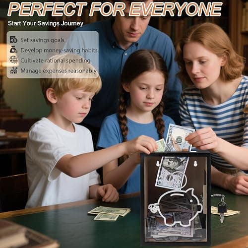 Mczxon Clear Piggy Bank with Lock, Large Money Saving Jar Money Bank Box Container for Cash Saving, Openable Clear Money Coin Change Bank Jar Container Penny Piggy Jar Bank for Adults Kids, Black thumbnail 6